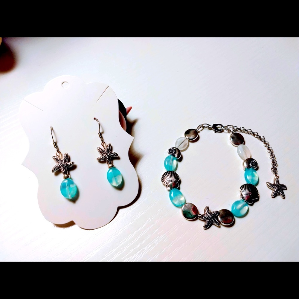 Beachy Glass Bead Bracelet and Earrings with Starfish and Shell Charms